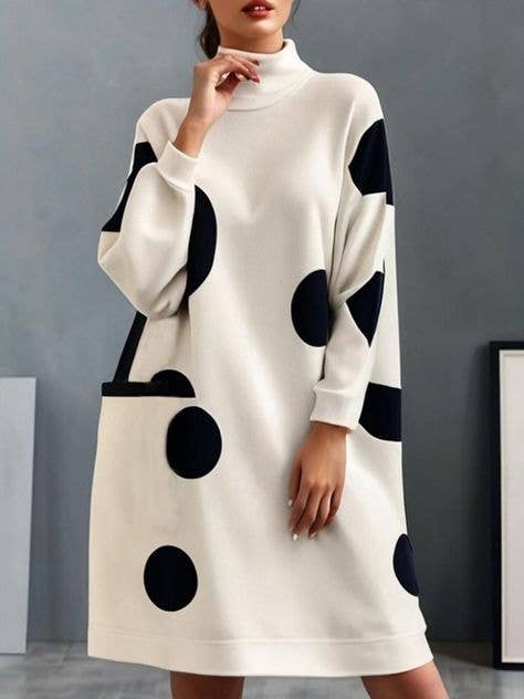 Long Sleeves Loose Pockets Polka-Dot Mock Neck Mini Dresses