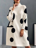 Long Sleeves Loose Pockets Polka-Dot Mock Neck Mini Dresses