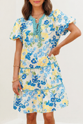Floral Striped Trim Puff Short Sleeve Dress