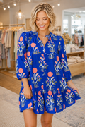 Blue Floral Print Button Detail 3/4 Puff Sleeve Ruffle Hem Dress