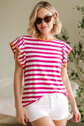Rose Red Striped Ruffle Sleeve Crew Neck Blouse