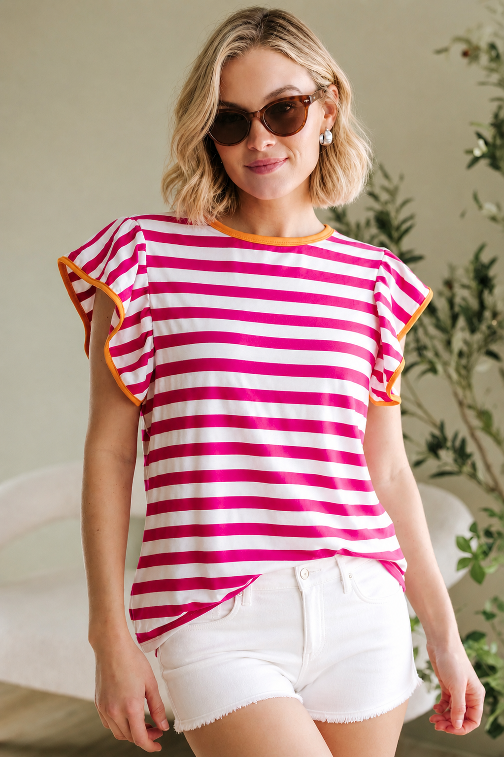 Rose Red Striped Ruffle Sleeve Crew Neck Blouse