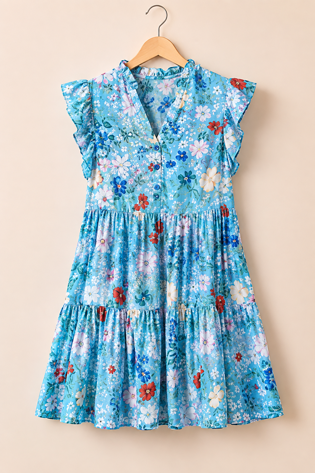 Sky Blue Floral Flutter Sleeve V Neck Ruffled Dress