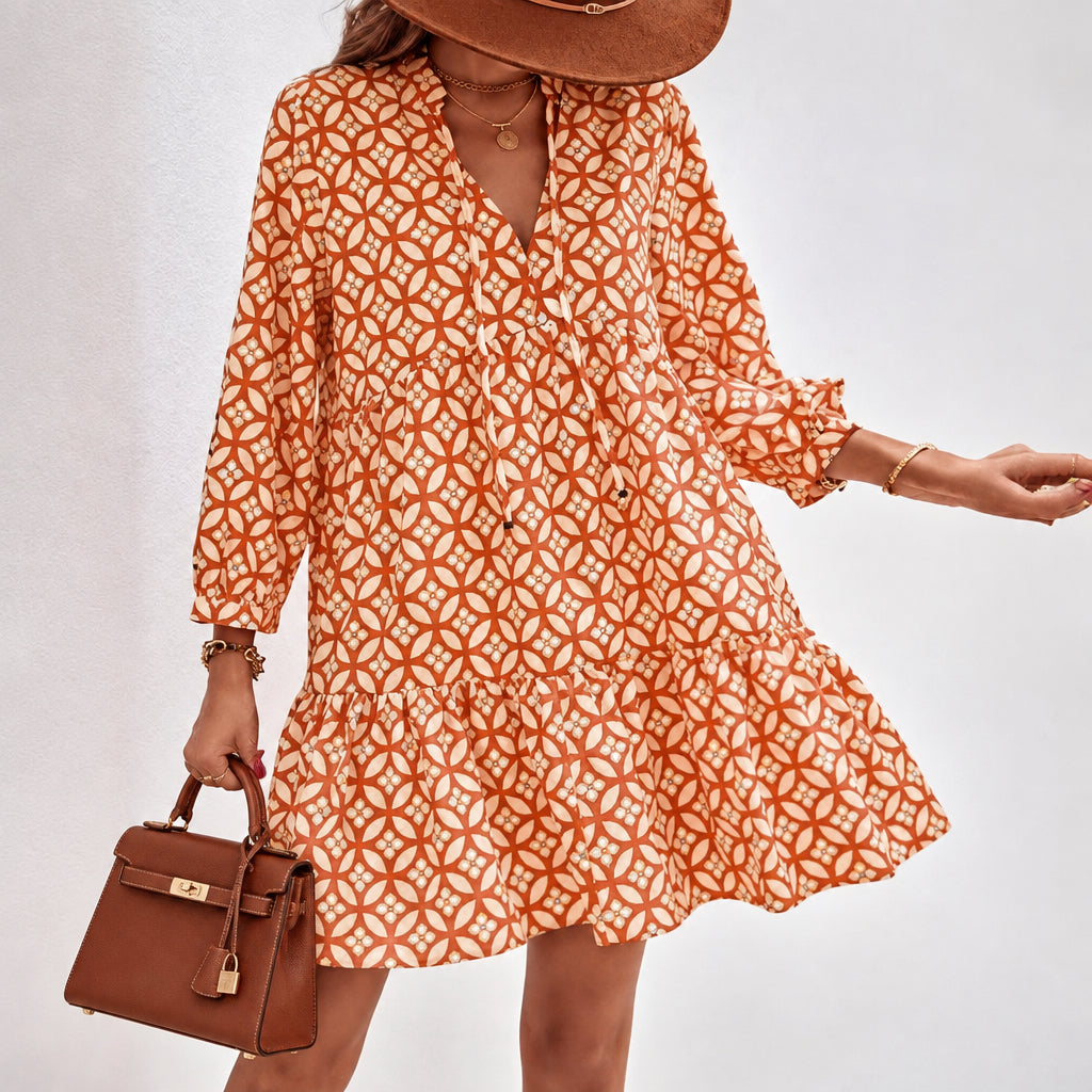 V-Neck Floral Print Long Dress With Sleeves
