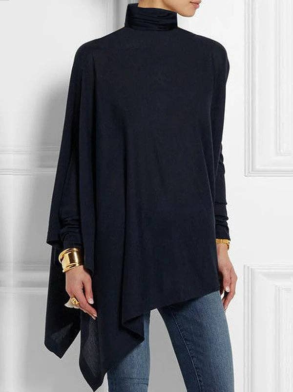 Casual Long Sleeves Asymmetric Solid Color High-Neck T-Shirts