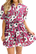 Red Floral Print Trimmed Short Puff Sleeve Mini Dress with Belt