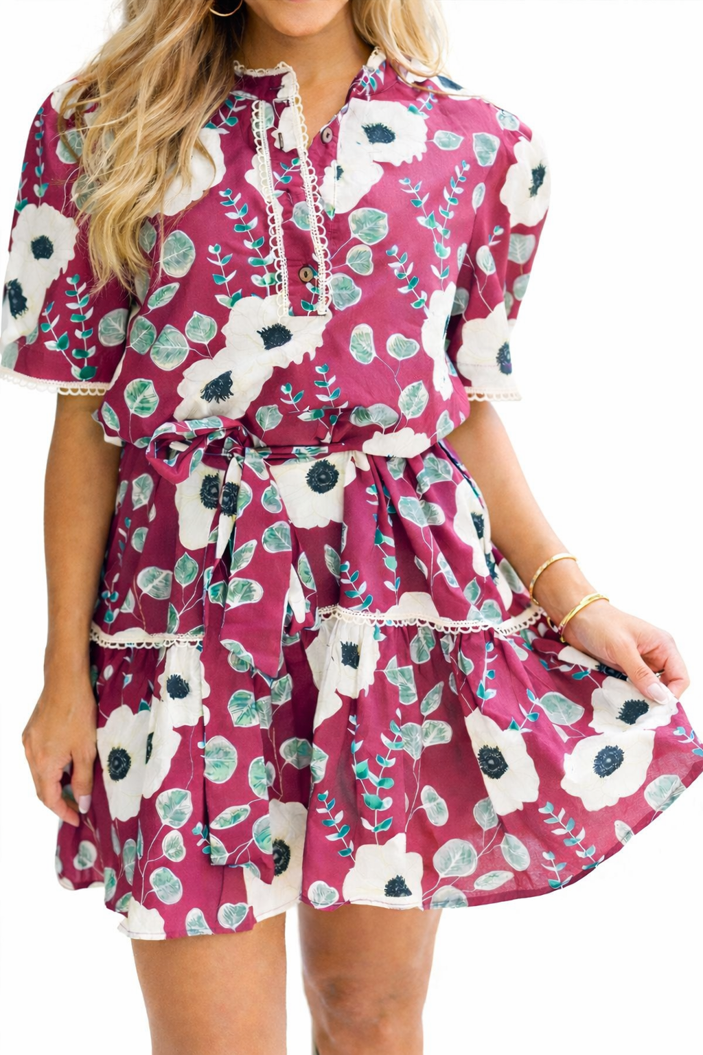 Red Floral Print Trimmed Short Puff Sleeve Mini Dress with Belt