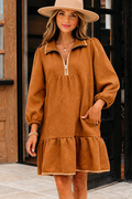 Desert Gold Quarter Zip Collar Bracelet Sleeve Textured Mini Dress