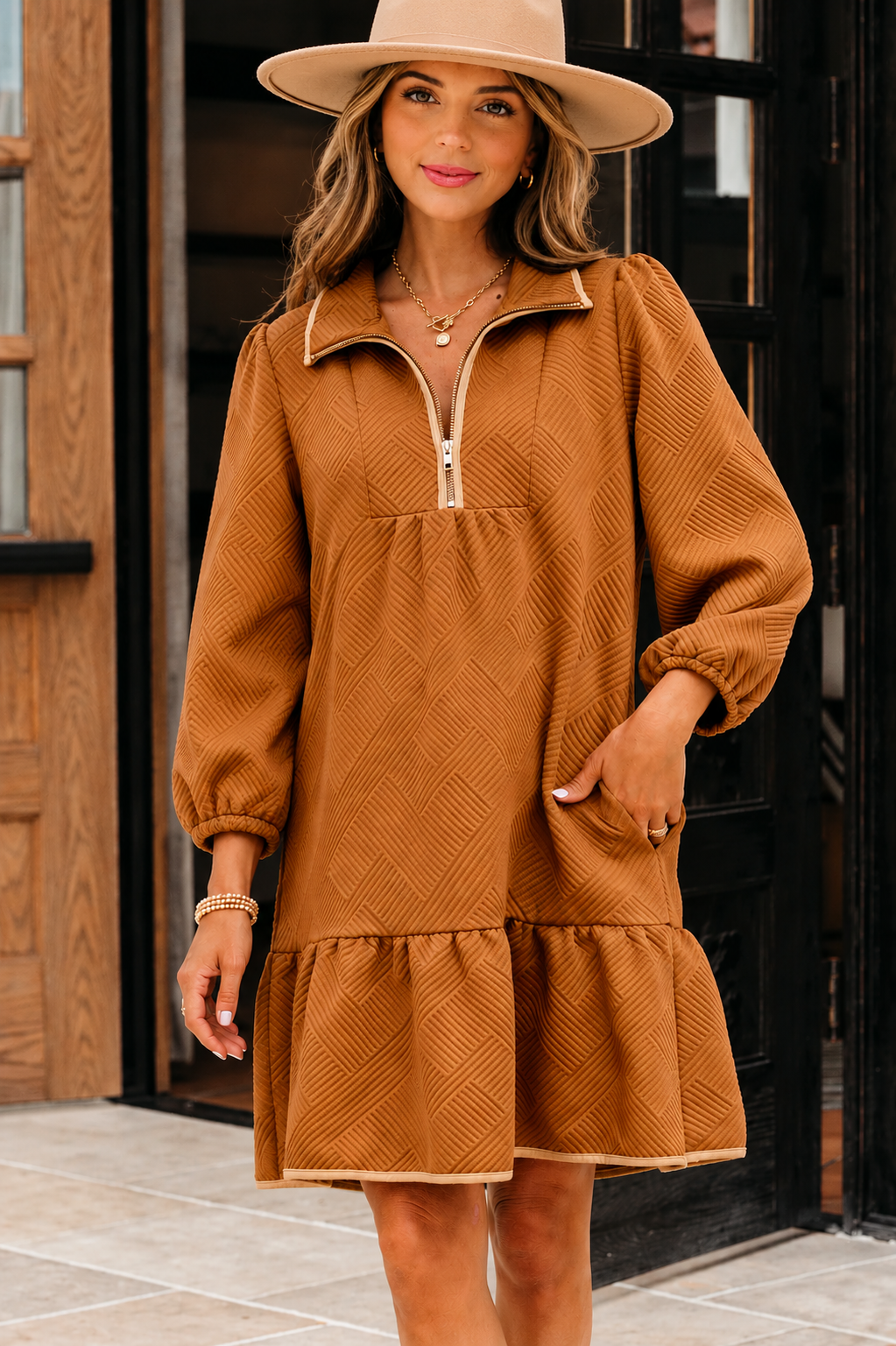 Desert Gold Quarter Zip Collar Bracelet Sleeve Textured Mini Dress