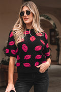 Black Rugby Print Casual Knit Short Sleeve Sweater