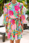 Green Multicolor Botanical Bubble Sleeve Mini Dress