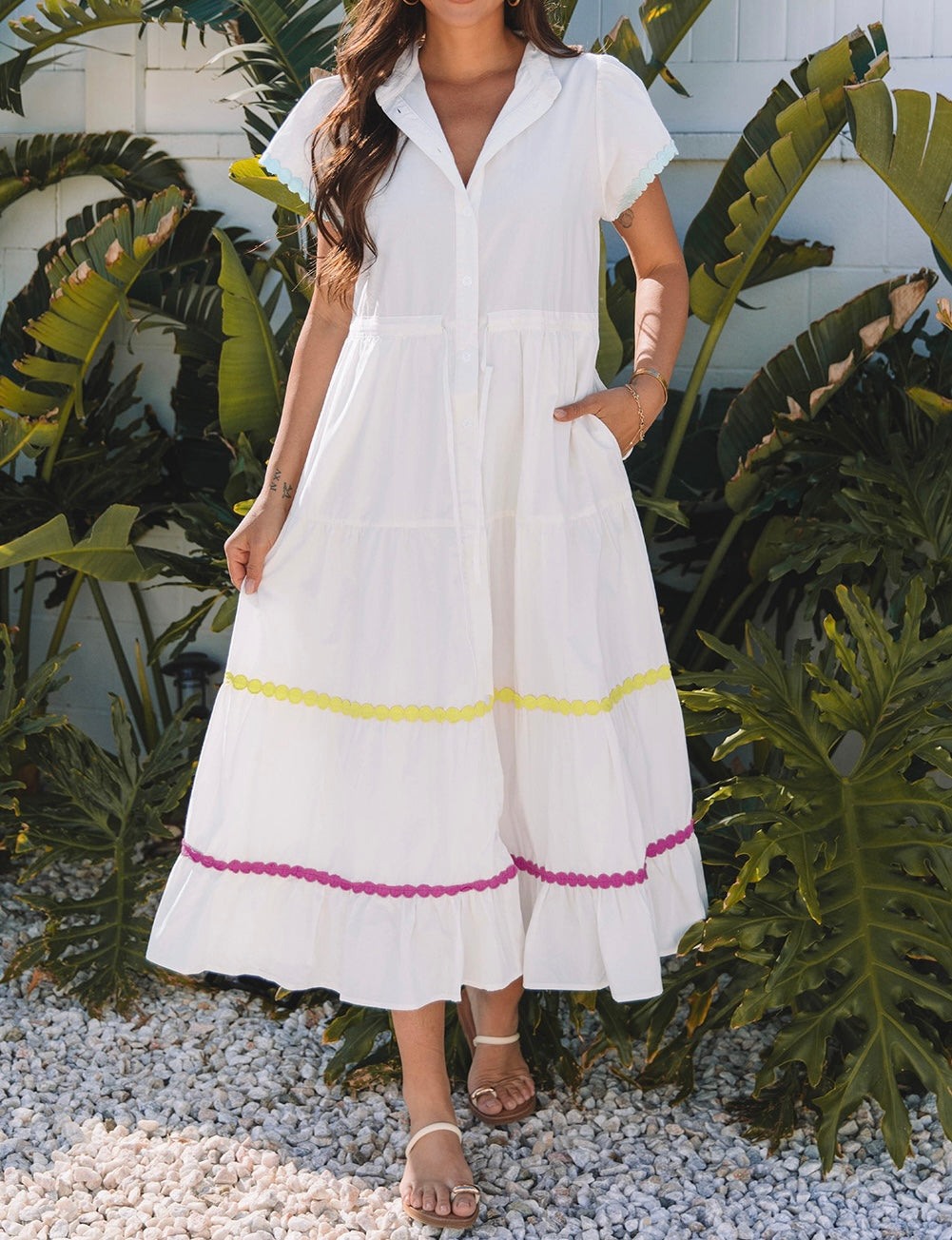 White Colorblock Rickrack Trim Short Sleeve Drawstring Waist Long Dress