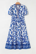Blue Floral Puff Short Sleeve V Neck High Waist Maxi Dress