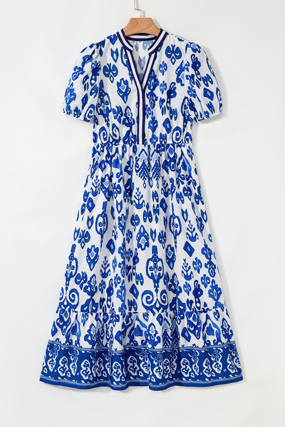 Blue Floral Puff Short Sleeve V Neck High Waist Maxi Dress