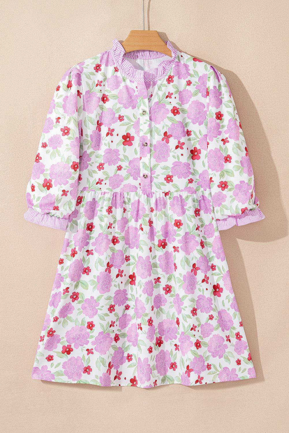 Pink Floral Print Striped Trim Frilled Neck 3/4 Sleeve Flared Mini Dress
