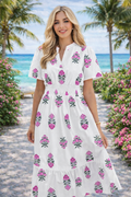 White Floral Print Split Neck Shirred High Waist Ruffle Hem Maxi Dress