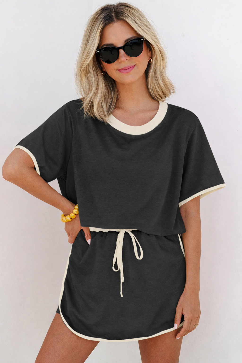 Black Colorblock Edge Drop Shoulder T Shirt and Skort 2Pcs Set