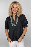 Black Short Puff Sleeve Contrast Embroidered Detail V Neck Blouse
