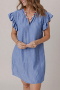 Sky Blue Stripe Frilly Split Neck Shirred Ruffle Sleeve Short Shift Dress