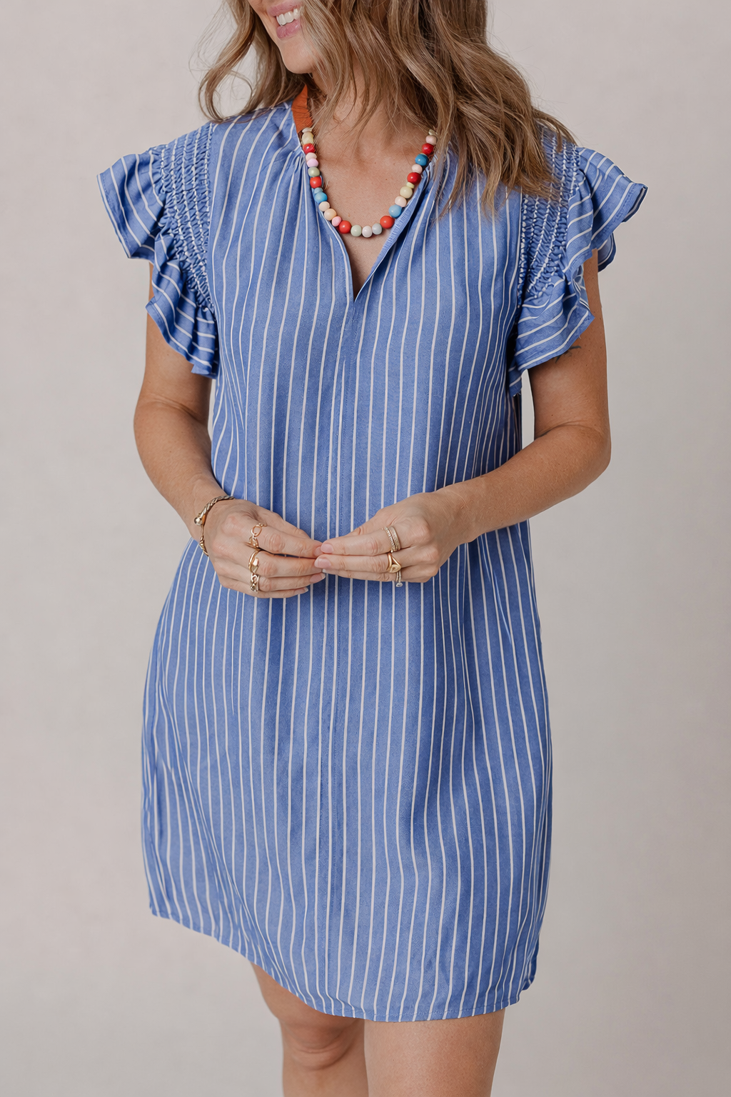 Sky Blue Stripe Frilly Split Neck Shirred Ruffle Sleeve Short Shift Dress