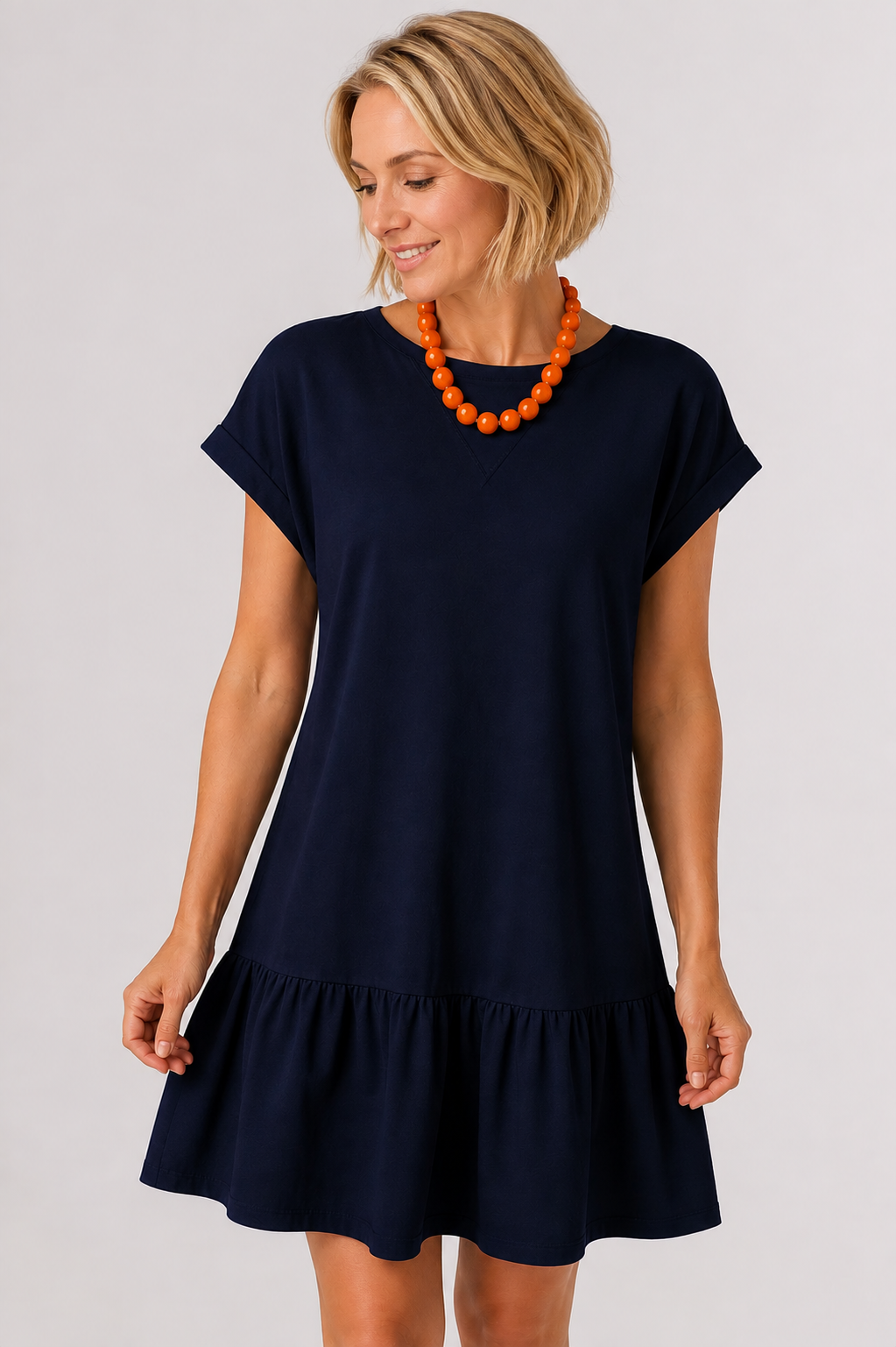 Navy Blue Solid Color Cap Sleeve Ruffle  Short Dress