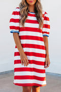 Red Stripe Contrast Trim Round Neck Short Puff Sleeve Shift Mini Dress