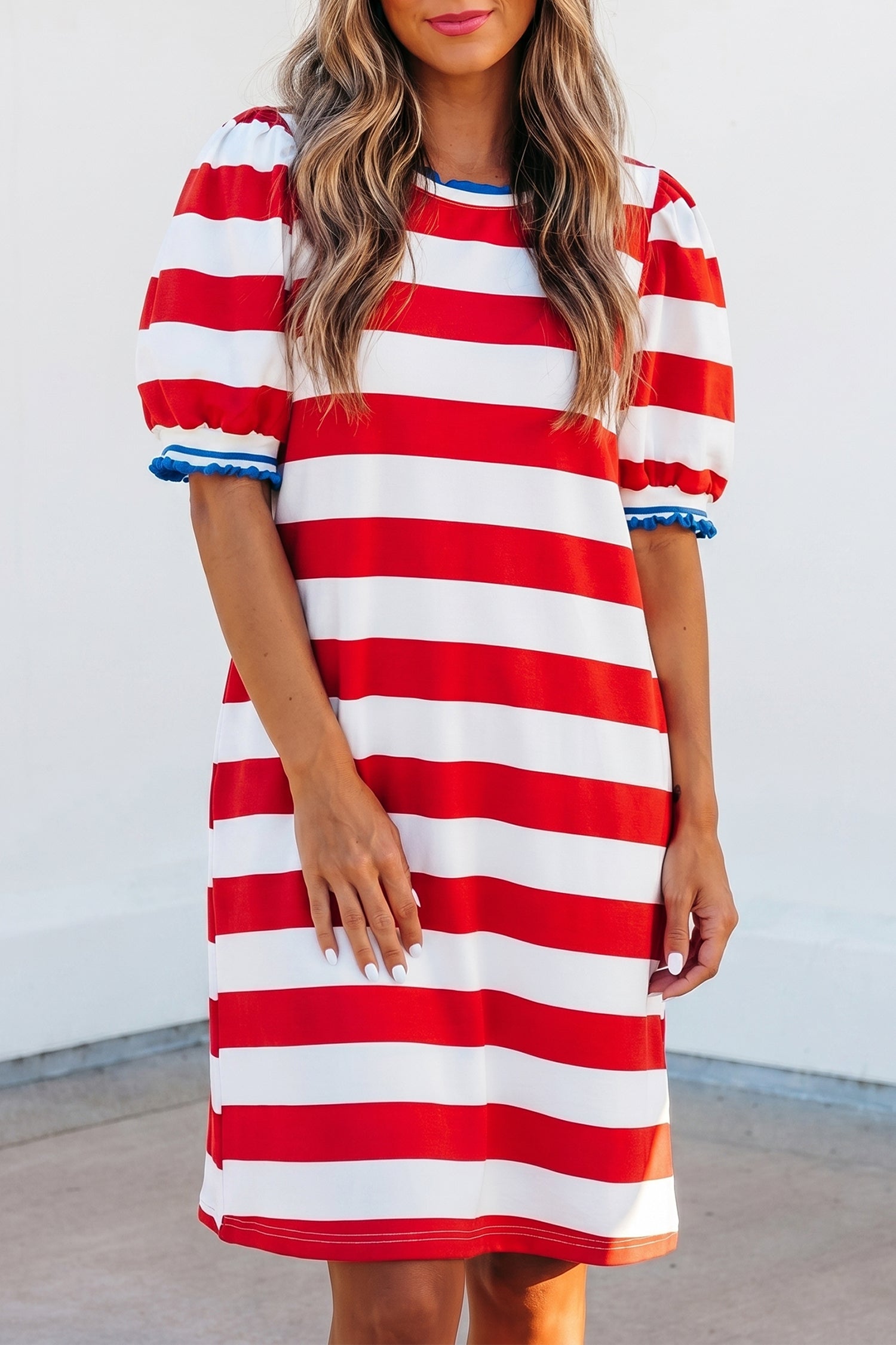 Red Stripe Contrast Trim Round Neck Short Puff Sleeve Shift Mini Dress