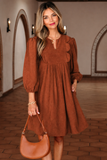 Cinnamon Bracelet Sleeve Split Neck Scallop Detail Pleated Corduroy Mini Dress