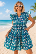Blue Floral Print Split Neck Ruffle Short Sleeve Dress