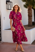 Red Floral Print Frilled V Neck Short Sleeve Ruffle Maxi Dress