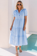 Sky Blue Stripe Bubble Short Sleeve Tiered Scallop Long Dress