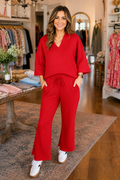 Fiery Red Polo Collar V Neck 3/4 Sleeve Pullover Drawstring Bell Bottom Pants 2pcs Set