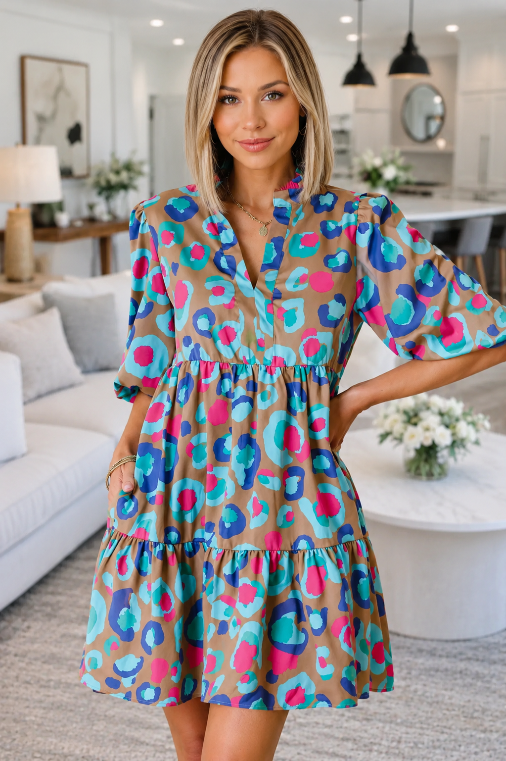 Green Leopard Print Bubble Sleeve Slit Neck Ruffled Dress
