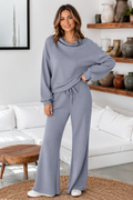 Dusk Blue Solid Color Cowl Neck Drawstring Pullover Wide Leg Athleisure Pants Set
