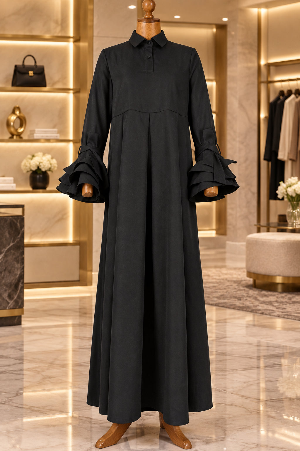 Flared Sleeves Pleated Solid Color Split-Joint Lapel Maxi Dresses Shirt Dress
