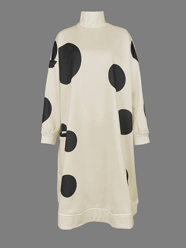 Long Sleeves Loose Pockets Polka-Dot Mock Neck Mini Dresses