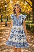 Blue Boho Western Floral Printed Split Neck Ruffled Sleeve Mini Dress