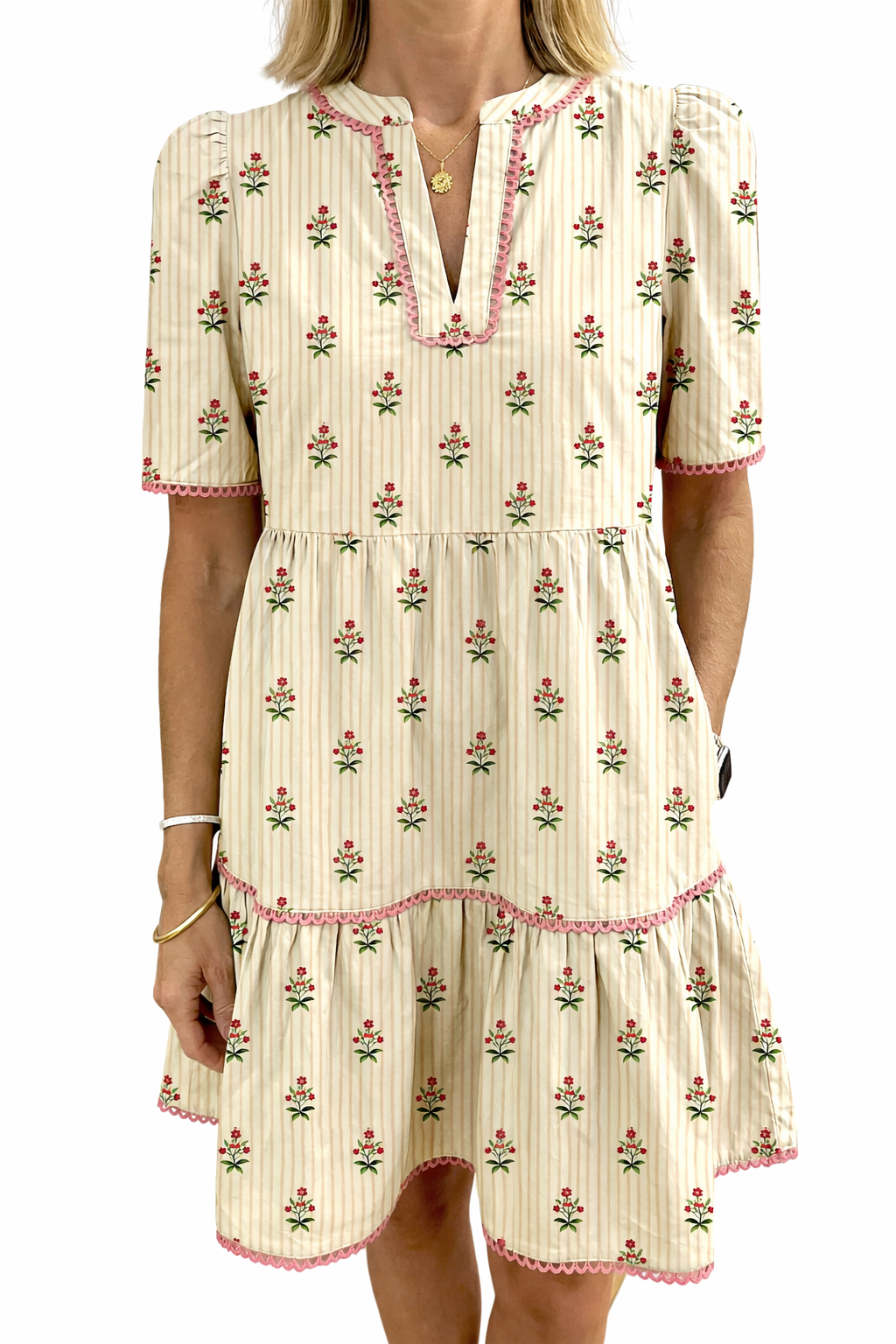 Apricot Striped Floral Print Contrast Detail Ruffle Hem Short Dress