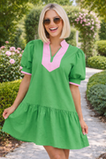 Bright Green Color Block Detail Split Neck Short Puff Sleeve Ruffle Hem Mini Dress