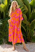 Orange Floral Print Frilly Smocked V Neck 3/4 Sleeve Long Dress