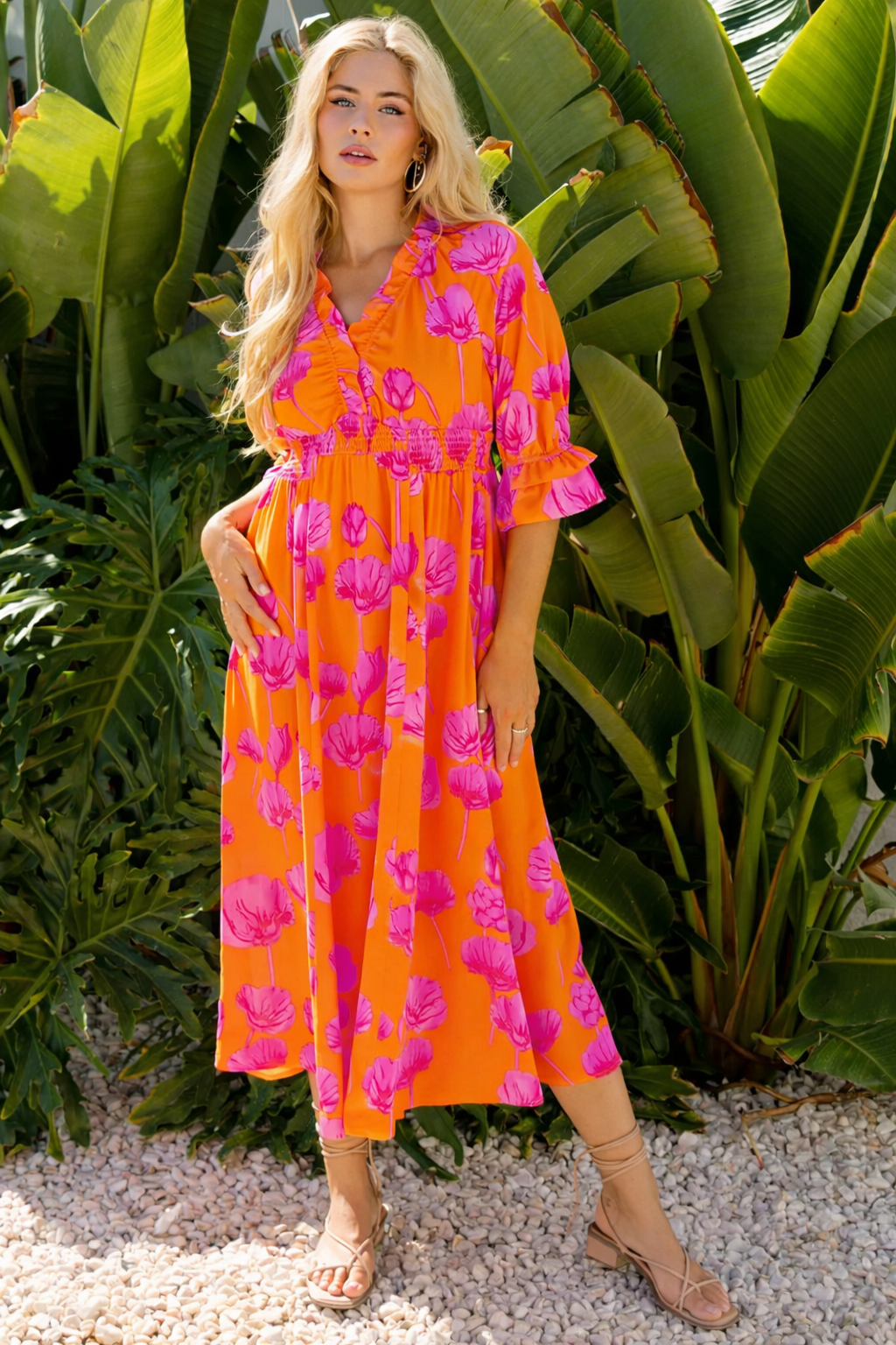 Orange Floral Print Frilly Smocked V Neck 3/4 Sleeve Long Dress