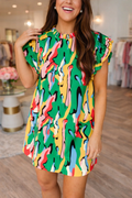 Green Abstract Print Frilled Neck Ruffled Sleeve Mini Dress