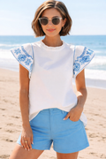 White Embroidered Ruffled Sleeve Frilled Collar Blouse