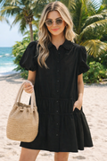 Black Shirt Style Button Down Puff Sleeve Ruffle Hem Dress