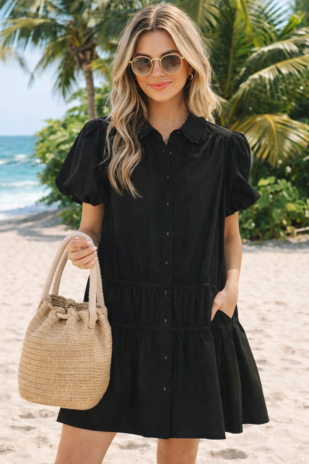 Black Shirt Style Button Down Puff Sleeve Ruffle Hem Dress