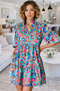 Green Leopard Print Bubble Sleeve Slit Neck Ruffled Dress