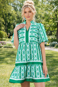 Bright Green Abstract Patterned V Neck Puff Short Sleeve Mini Dress