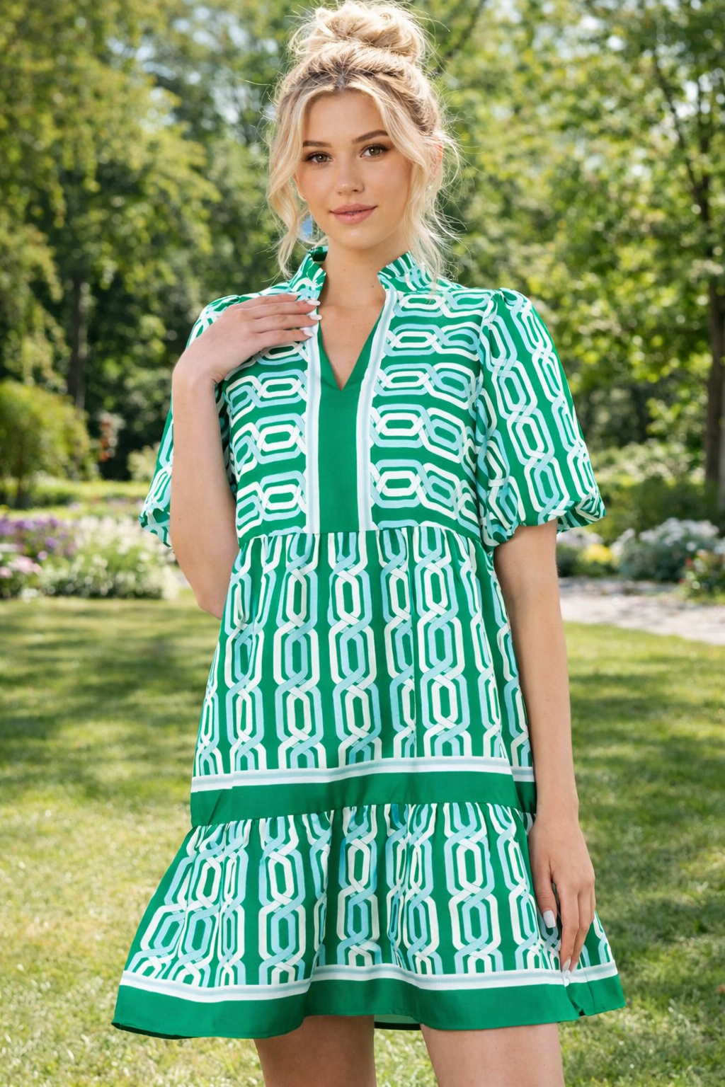 Bright Green Abstract Patterned V Neck Puff Short Sleeve Mini Dress