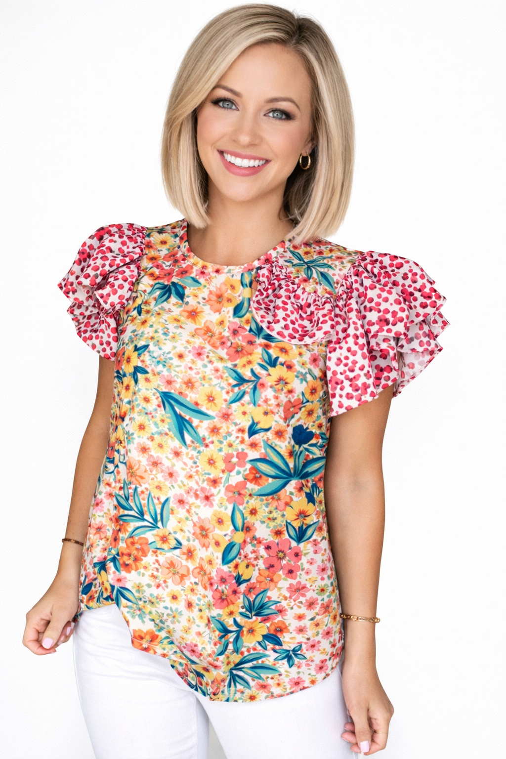Red Floral Mixed Print Ruffle Cap Sleeve Blouse