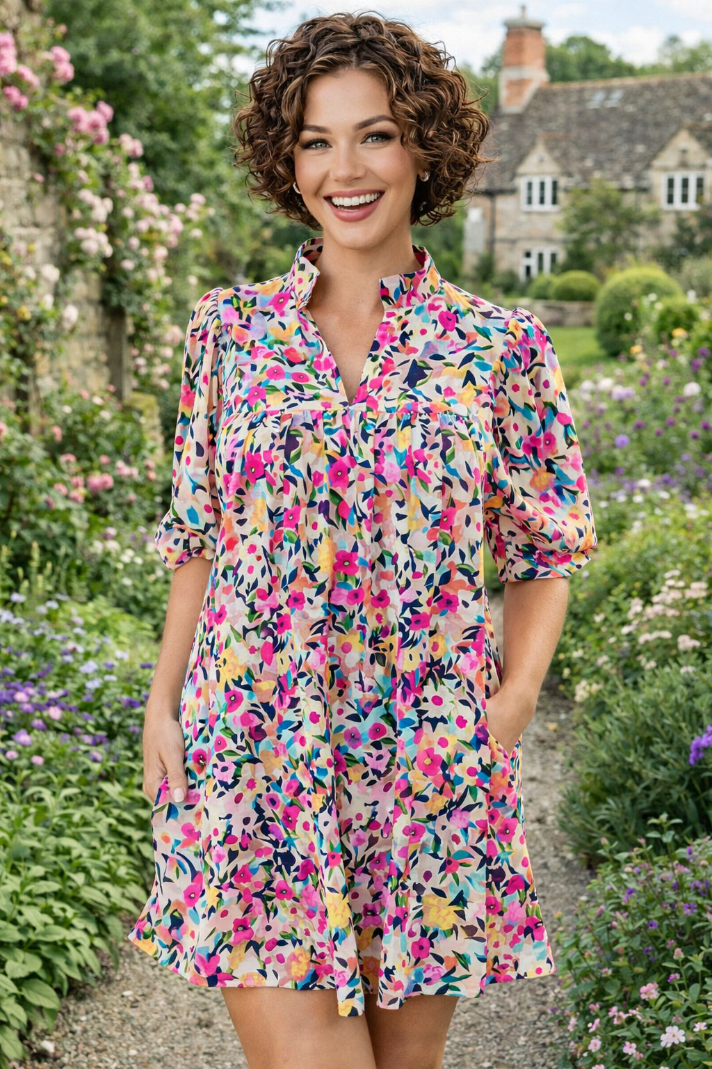 Pink Floral Puff Short Sleeve V Neck Mini Dress